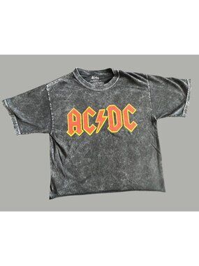 AC/DC Vintage Logo Graphic cropped T-Shirt Black Acid Wash 100% Cotton women's S